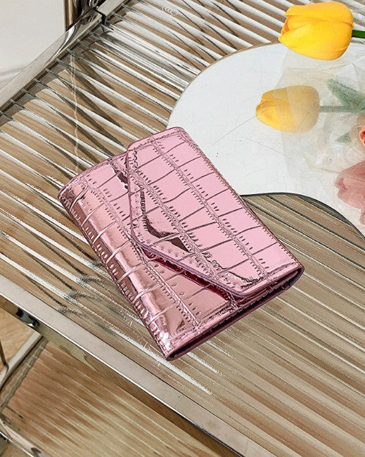Shein Metallic Crocodile Embossed Pocket Wallet Small Bi-Fold Slim Women Wallet -.