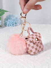 Shein Geometric Pattern Mini Purse Bag Charm with Pom Pom Decor Key Chain  >