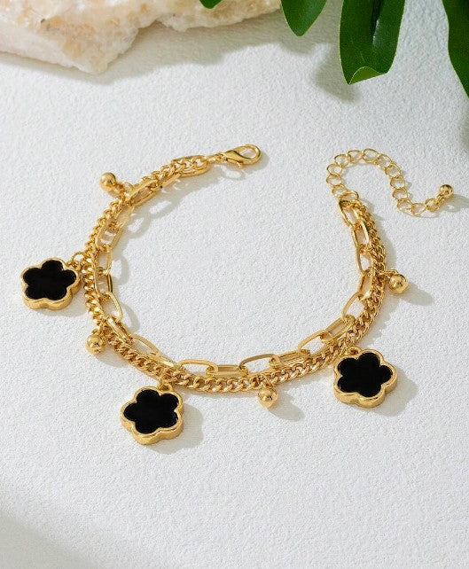 Shein 1pc Summer Vacation Elegant Metal Black Flower & Clover Pendant Multi-Layer Anklet >
