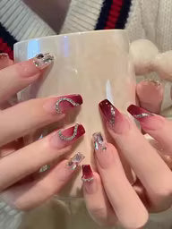 Shein 24pcs Long Coffin-Shaped Nail Tips With Pink Gradient Heart & Chain & Rhinestone Design >