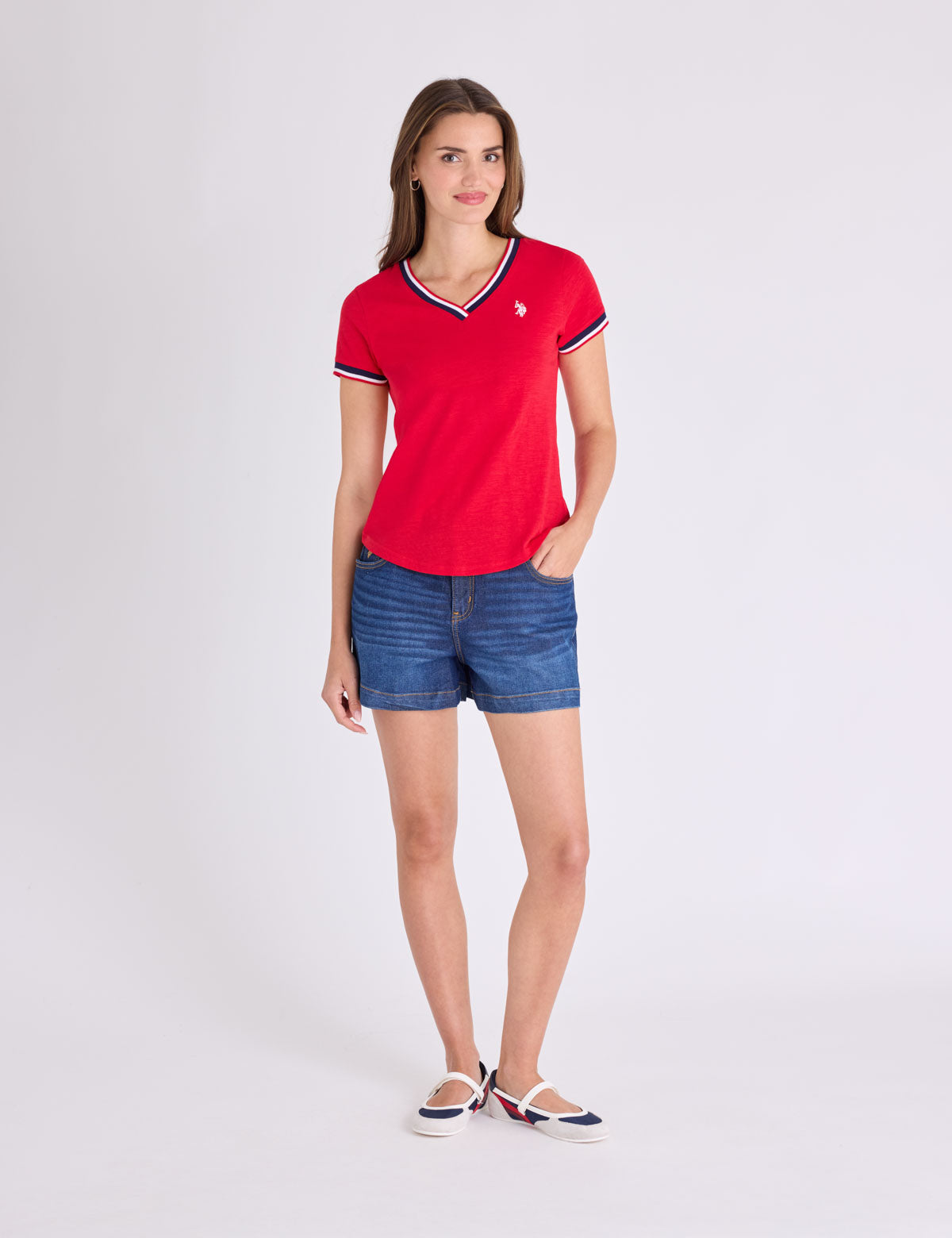 Women's V-Neck Signature Stripe Trim T-Shirt