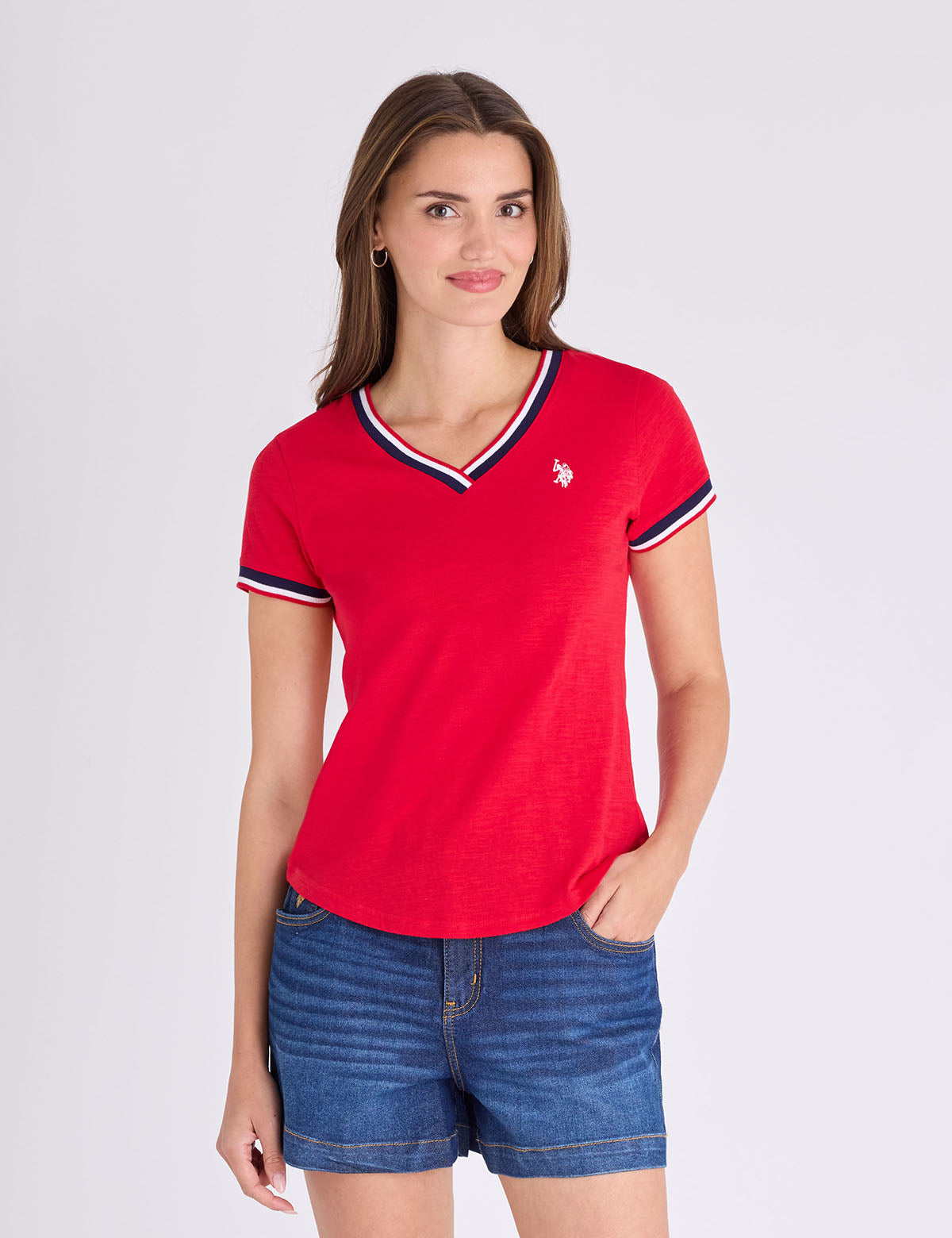 Women's V-Neck Signature Stripe Trim T-Shirt