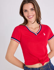 Women's V-Neck Signature Stripe Trim T-Shirt