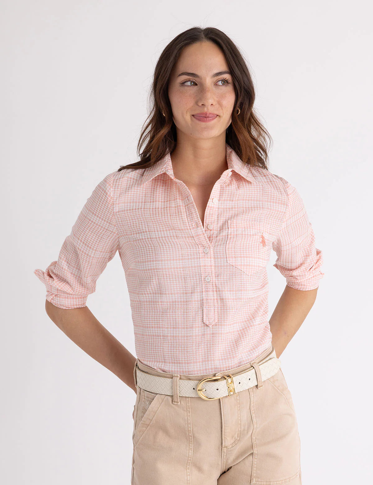 U.S. Polo Long Sleeve Half Placket Gingham Shirt, XS +