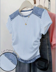 Shein Waist Cinched Multicolor Stripe Denim Patchwork Print Graphic Tee,  M -.