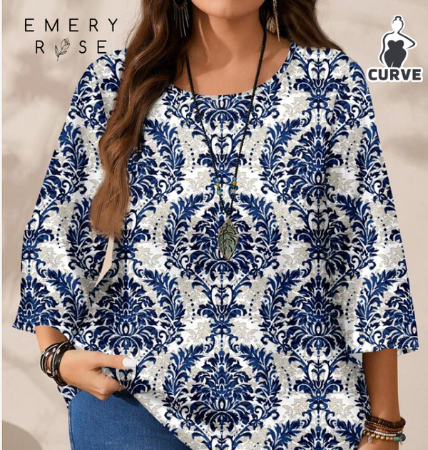 Shein EMERY ROSE Casual Minimalist All-Over Print Plus Size Round Neck 3/4 +