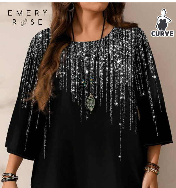 Shein Plus Size Casual All-Over Print Round Neck Loose 3/4 Sleeve Blouse +
