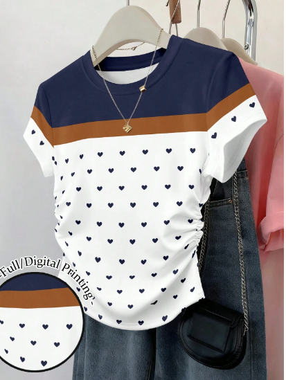 Shein Waist Cinched Stripe Patchwork Short Sleeve Lover Heart Graphic Print Tee >