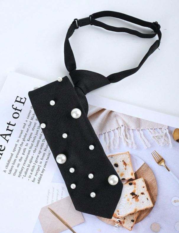 Shein 1pc Women's Solid Black Faux Pearl Tie >
