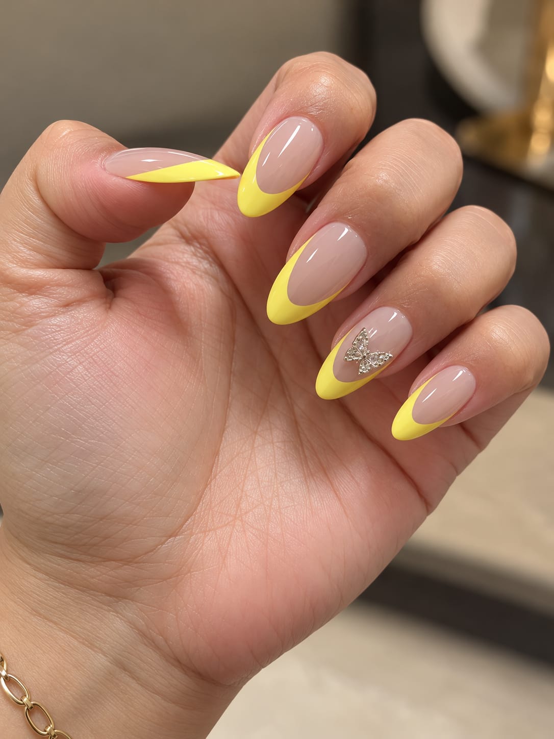 Shein Nude & Lemon Yellow Almond Press-On Nails with 3D Butterfly Charm