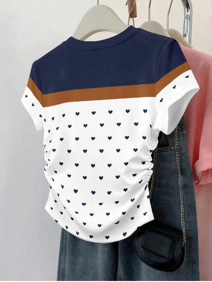 Shein Waist Cinched Stripe Patchwork Short Sleeve Lover Heart Graphic Print Tee >
