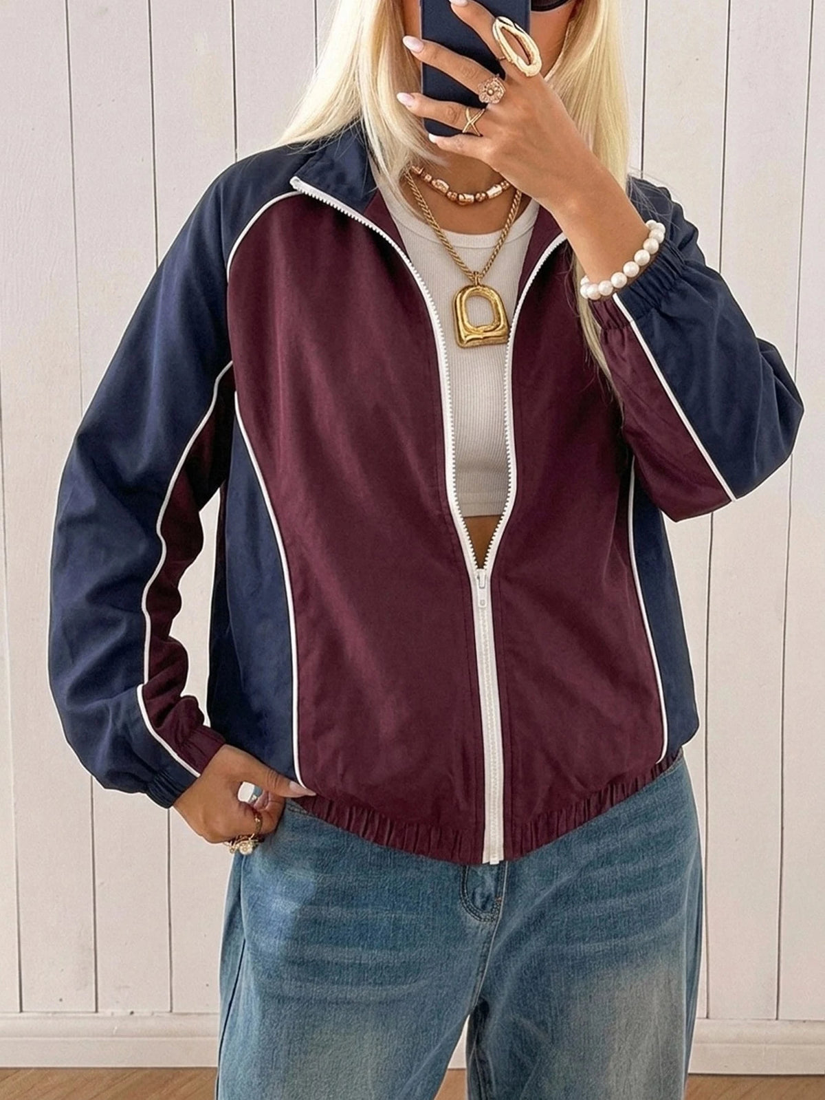 Women's Colorblock Zip-Up Loose Short Jacket