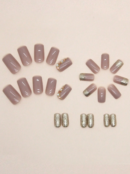 Shein Nude Beige Rhinestone & Glitter Ombré Press-On Nails – Rose Gold Crystal Accent Square False Nails Set>
