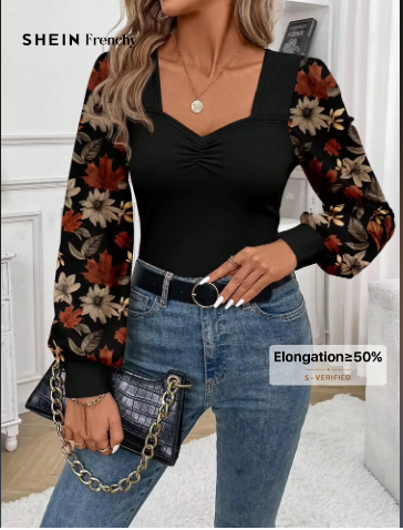 Shein Black Everyday Casual Vintage Square Neck Long Gigot Sleeve Leaf Print Top, L >