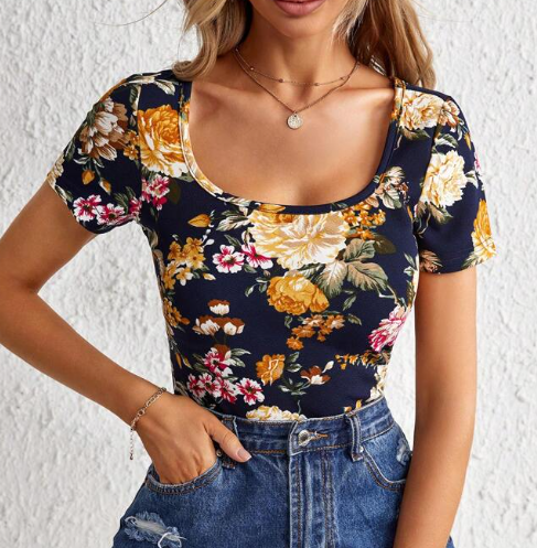 Shein Floral Print Square Neck Tee, XL /