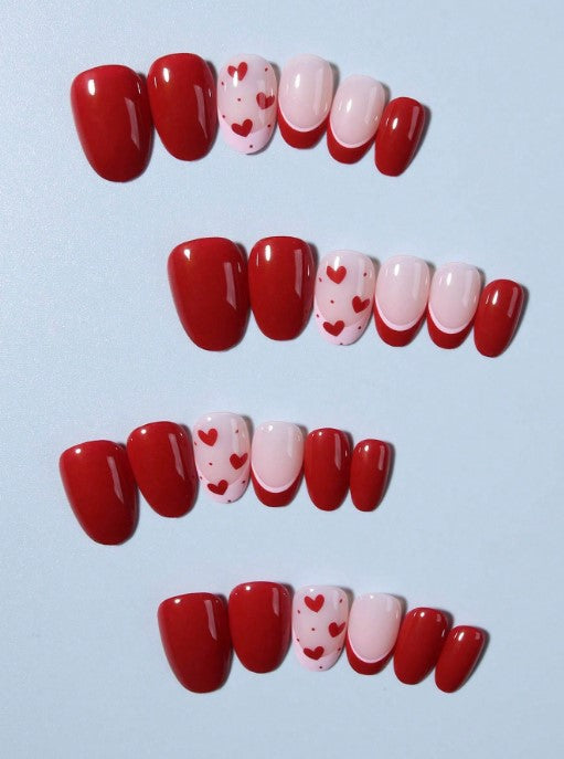 Shein 24pcs Oval Red Heart French Tip Design Press-on Nails -.