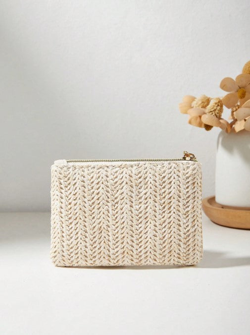 Shein Fashionable New Straw Weave Bag Bow Decor Lipstick & Coin Purse -.