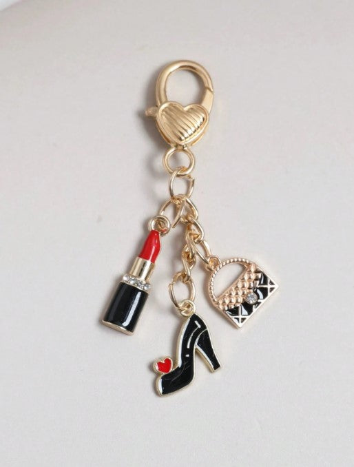 Shein Fashion 1pc High-Heel Shoe, Lipstick & Handbag Multi-Charm Keychain -.
