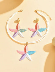 Shein 1 Set Of 3pcs Bohemian Style Beach Ocean Series Fashion Versatile Colorful Starfish Necklace & Earrings Set >