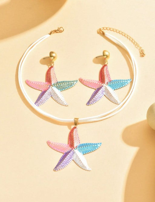 Shein 1 Set Of 3pcs Bohemian Style Beach Ocean Series Fashion Versatile Colorful Starfish Necklace & Earrings Set >