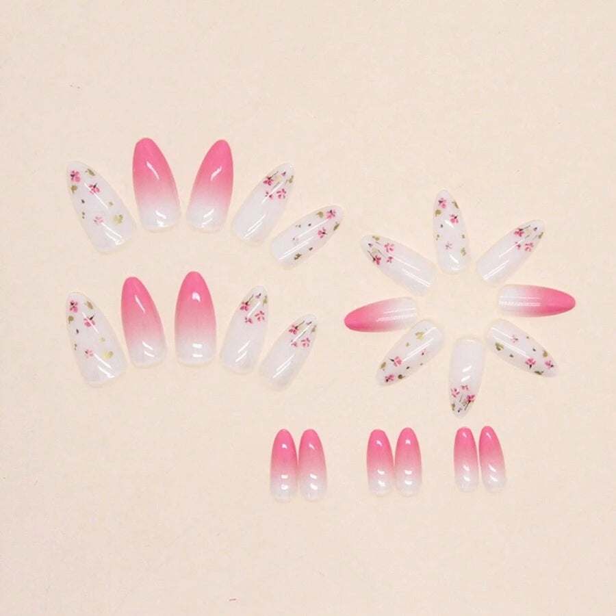 Shein 24pcs Cute Almond-Shaped Stickers Pink Ombre Floral Nail Art Set>