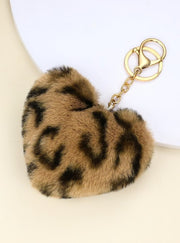 Shein Faux Mink Fur Leopard Print Heart Pom Pom Keychain >