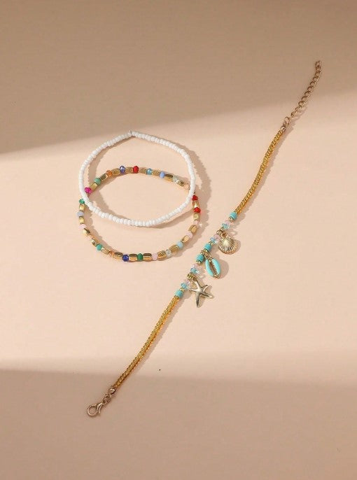 Shein 3pcs/Set Bohemian-Style Crystal Beaded And Colorful Shell Anklets Handmade>