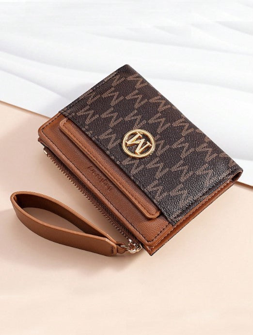 Shein Monogram Pattern Bifold Wallet with Coin Purse & Wrist Strap -.
