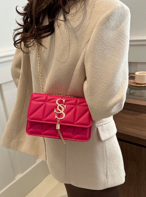 Shein Fashion Solid Color Rhombus Pattern Flap Small Square Bag with Gold Chain Strap & Tassel -.