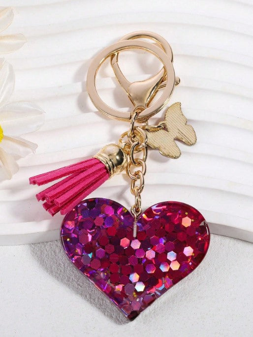 Shein Fashionable Sequin Heart & Butterfly Tassel Keychain Bag Charm -.