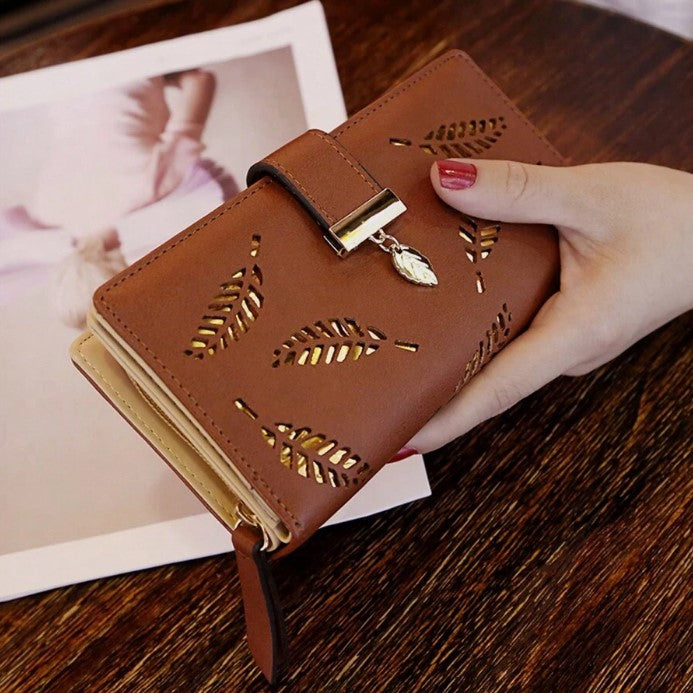 Shein Hollow Leaf Design Long Wallet with Zipper Card Holder and Wrist Strap -.