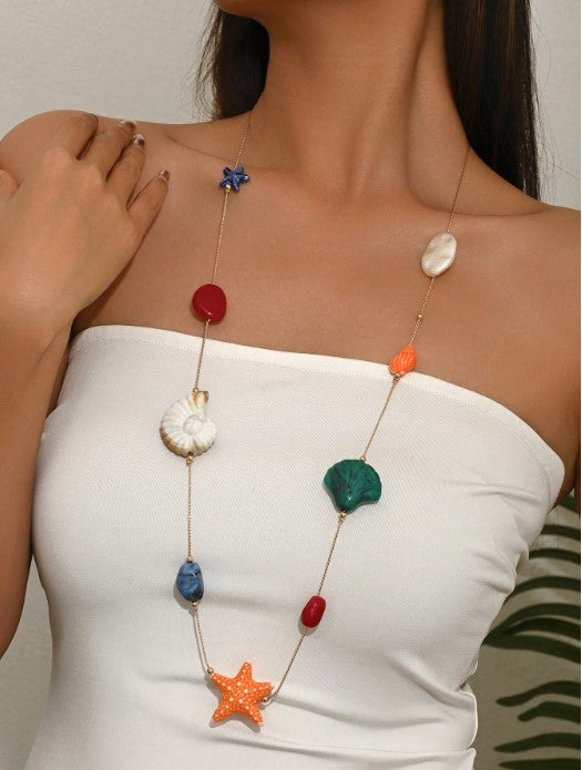 Shein 1pc Fashionable Bohemian Style Seashell Starfish Baroque Pearl Long Necklace >