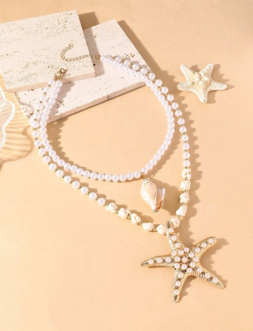 Shein 1pc Handmade Multi-Layer Beaded Stone Pearl Metal Golden Starfish Pendant Necklace >