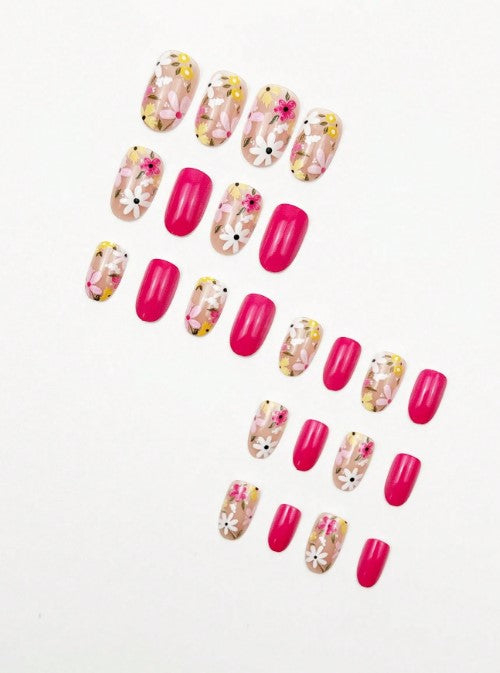 Shein 24pcs Hot Pink & Floral Oval Press-on Nails - Spring Atmosphere Design -.