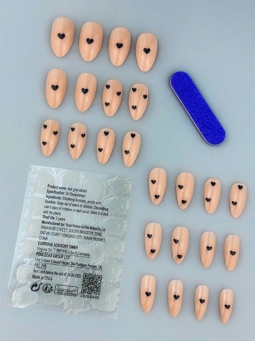 Shein 24pcs Medium Almond Nude Press-on Nails with Minimalist Black Heart Art -.