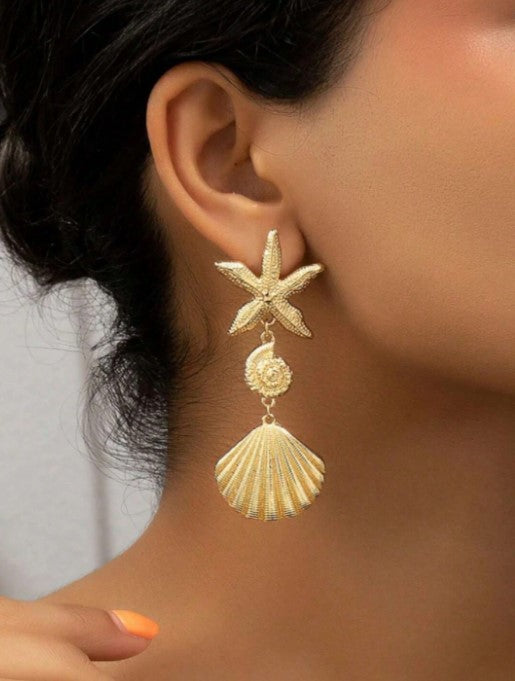 Shein Fashion Versatile Beach Vacation Exaggerated Metal Asymmetrical Shell & Starfish Earrings>