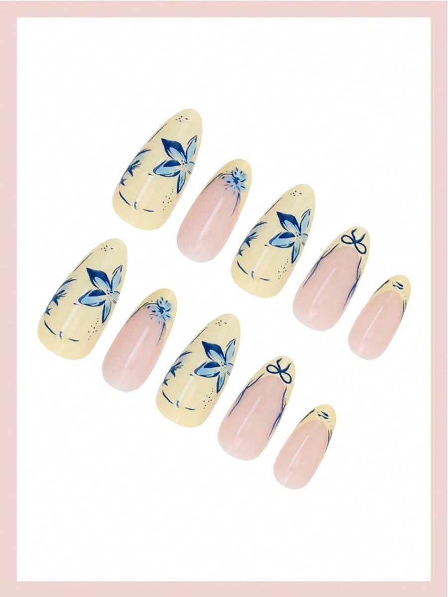 Shein 24pcs Medium Almond-Shaped Nail Stickers Beige French Tip Design With Blue Floral Bow Accent >