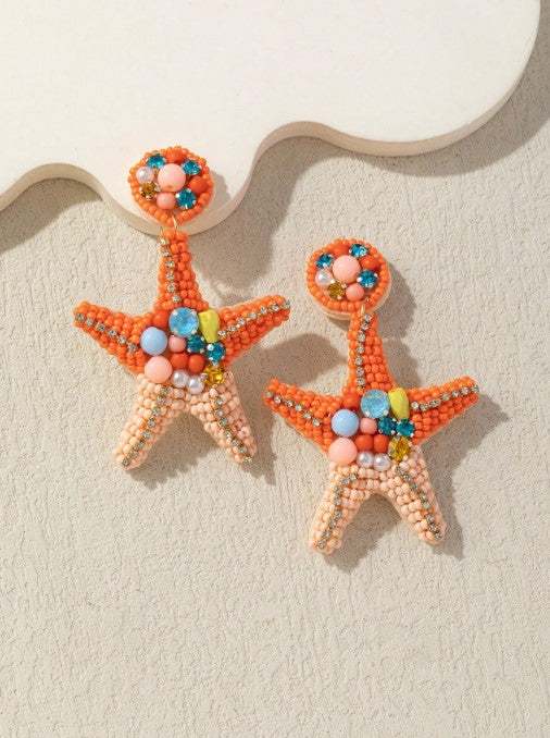 Shein Heavy Starfish & Pearl Crystal Beaded Earrings>