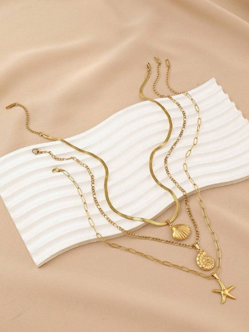 Shein Stainless Steel Golden Yellow Of 3 Different Styles Of Ocean Shell And Pendant Necklaces Set>