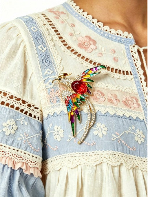 Shein 1pc Sparkling Crystal Phoenix Brooch Luxurious Gold-Tone Multicolor Enamel Bird Pin >