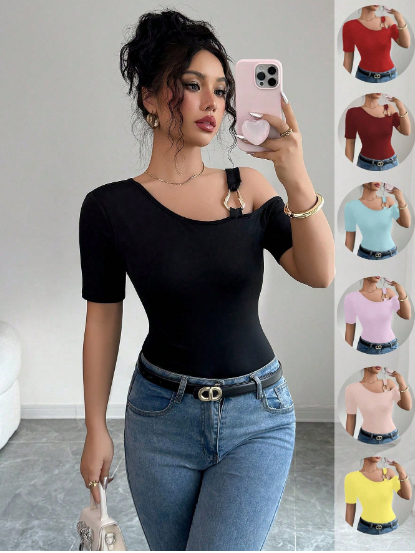 Shein Summer Fashion Plain Asymmetric Neck Fitted T-Shirt, XL >
