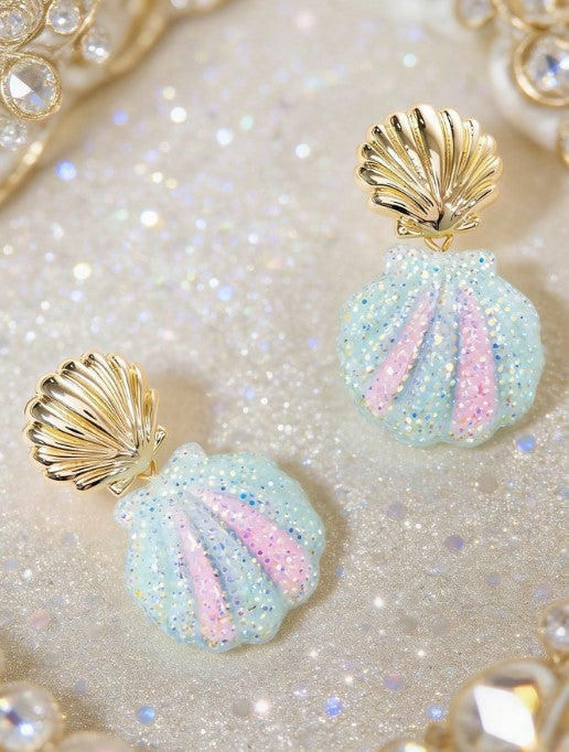 Shein Mermaid Style Gold Shell Glitter Earrings Shimmering Resin Pendant Mermaidcore Glitter Shell Earrings >