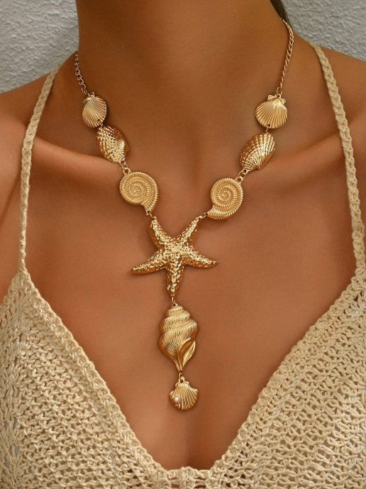 Shein 1pc New Stylish Ocean Themed Pendant Necklace Gold Shell Starfish Lariat Choker >