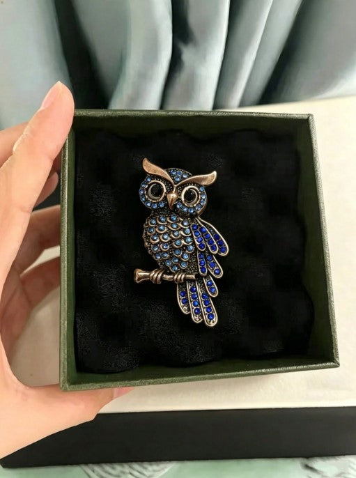 Shein Vintage Owl Brooch With Blue Rhinestones Crystal Bird Brooch >