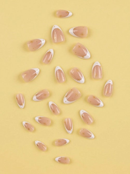 Shein 24pcs French White Starry Press-On Nails Almond Shape Fake Nails Set >
