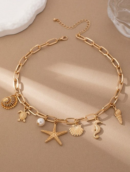 Shein 1pc Beach Vacation Style Metal Ocean Creature Pendant Necklace >
