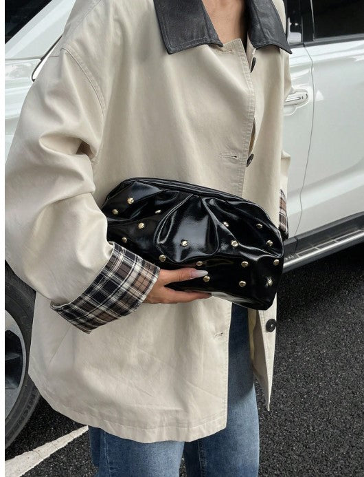 Shein Solid Color Vintage Minimalist Rivet Pleated Handbag Fashion Evening Clutch -.