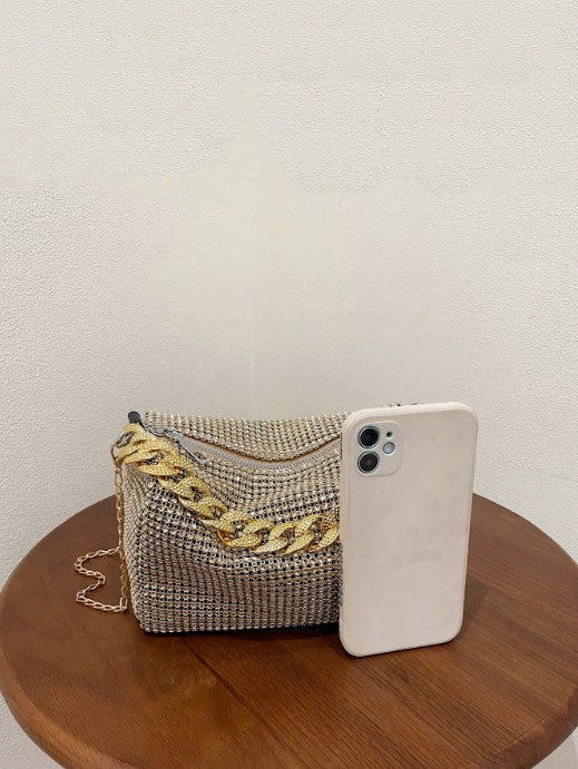 Shein Rhinestone Decor Bucket Bag with Chunky Gold Chain and Drawstring Design -.