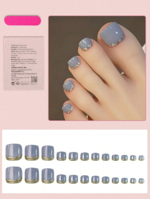 Shein 24pcs Gold Glitter Blue Vintage Style Press-on Toenails - Short Square Glossy Finish -.