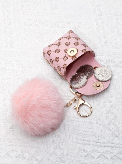 Shein Geometric Pattern Mini Purse Bag Charm with Pom Pom Decor Key Chain  >